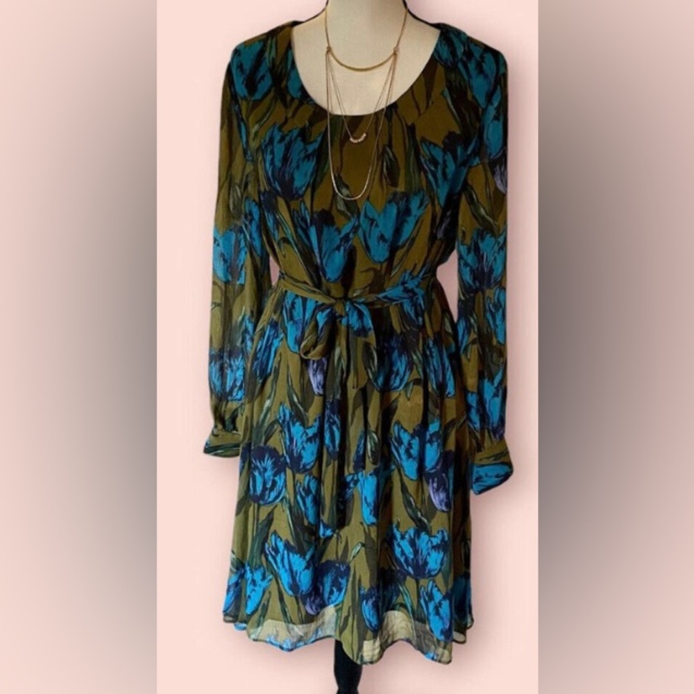 Isaac Mizrahi Live! Women's Dress Long Sleeve Olive Blue Tulip Floral 14 XL NEW